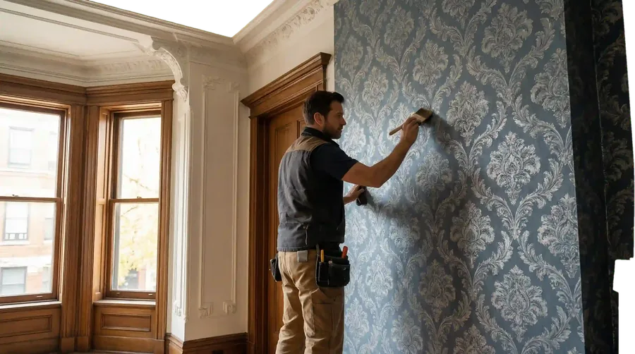 Valora installer hanging damask wallpaper in a historic San Antonio home