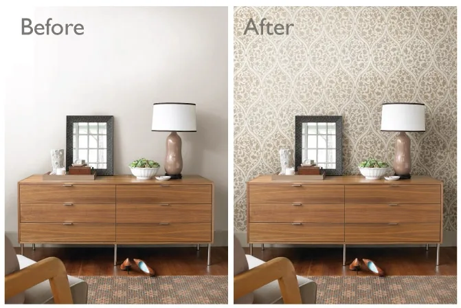 Before and after comparison of a bedroom wall transformed with patterned wallpaper