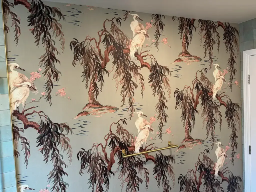 Family room feature wall wallpaper installed in a Cibolo home