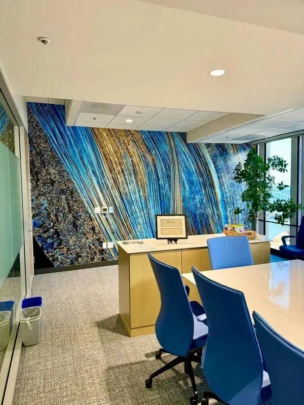 Commercial vinyl wallcovering installed in a modern office lobby near San Antonio