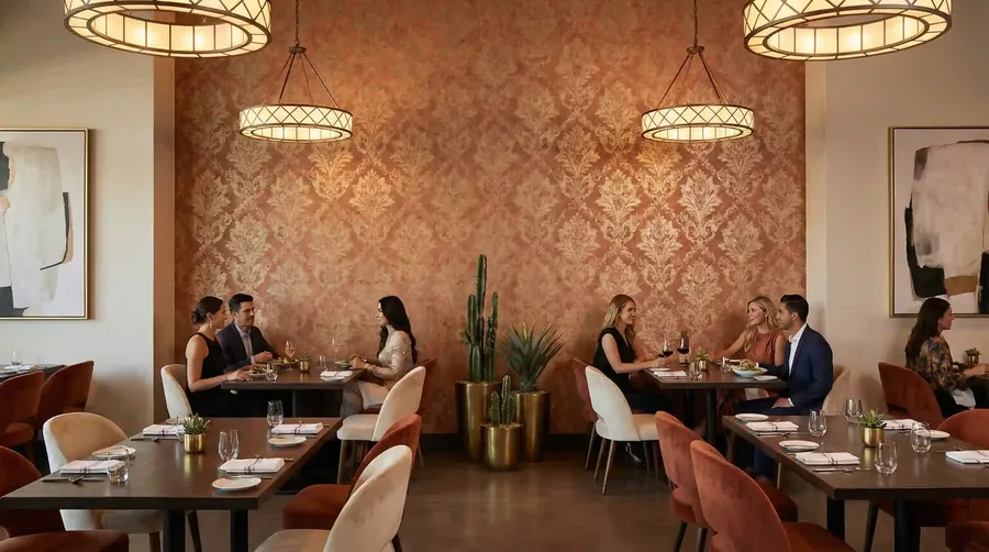 Restaurant dining room with copper damask commercial wallcovering installed by Valora