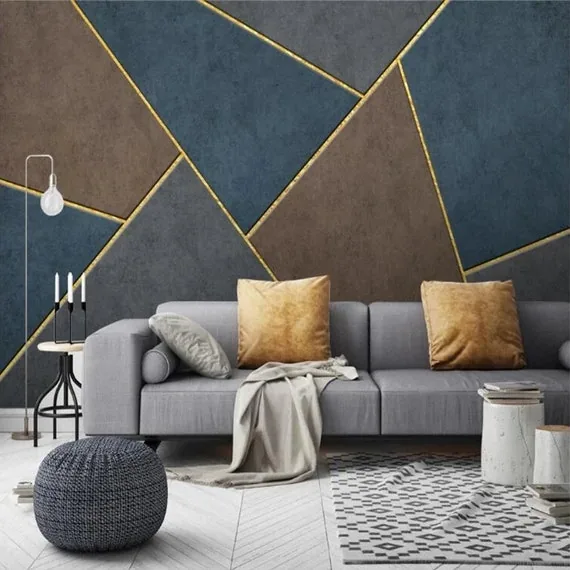 Luxury geometric navy and gold wallpaper feature wall installed in a San Antonio living room by Valora Wallpaper installer