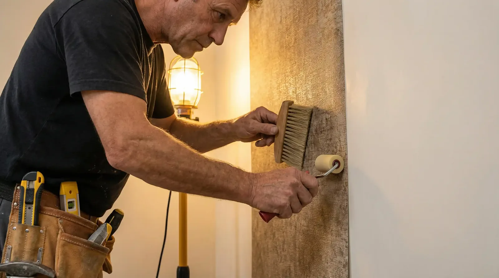 Valora installer smoothing designer wallpaper by hand during a San Antonio installation