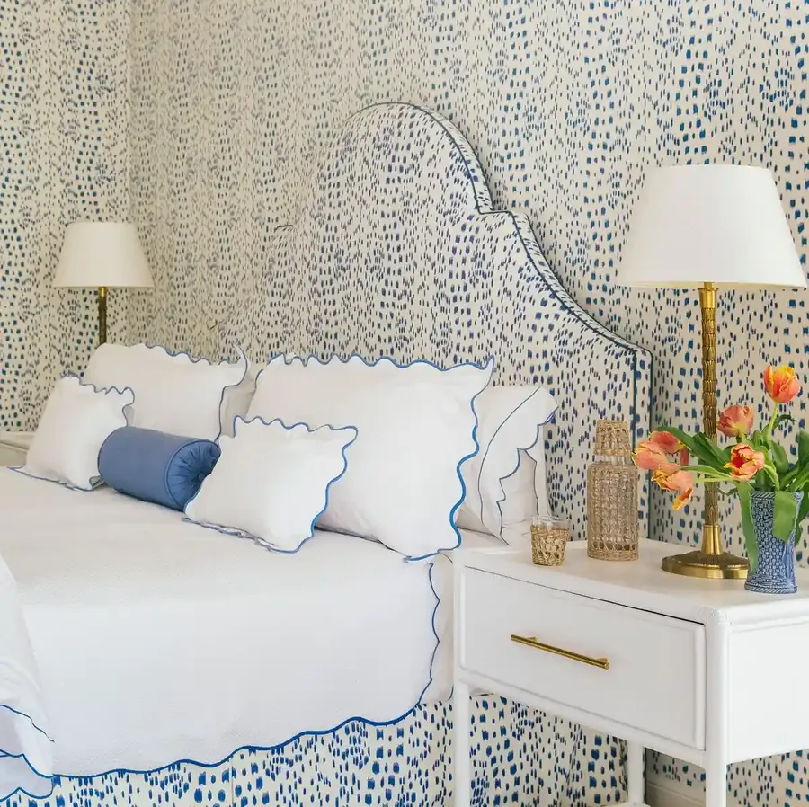 Residential wallpaper installation — snow leopard print wallpaper in a luxury San Antonio bedroom